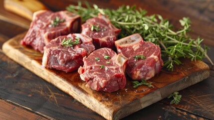 Thick cuts of beef are arranged neatly on a wooden cutting board, garnished with sprigs of fresh herbs, ready for preparation in a rustic kitchen environment.