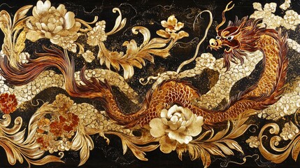 Intricate Dragon Carving Asian Floral Box Background