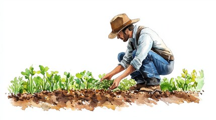 Watercolor cartoon illustration of a farmer spreading seeds across a field.Generative ai illustration