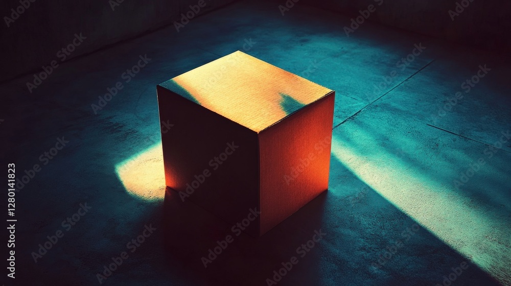 Poster a solitary illuminated cube casting shadows in an abstract, moody environment