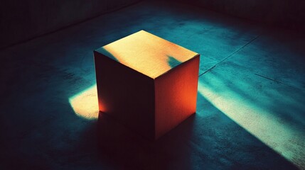 A solitary illuminated cube casting shadows in an abstract, moody environment