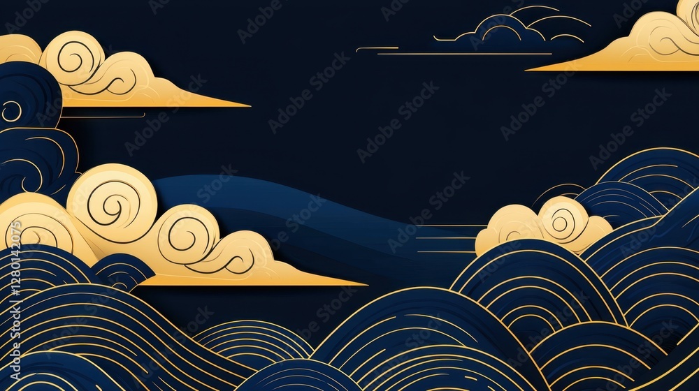 Poster elegant abstract waves and clouds in dark blue and gold with swirling patterns for modern design, ar