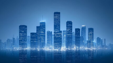 Fototapeta premium Nighttime city skyline with illuminated skyscrapers creating a captivating urban landscape and reflective water surfaces under a dark blue sky