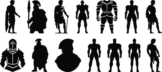Knight silhouettes set, roman pack of vector silhouette design, isolated background