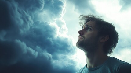 A worried user checking a weather forecast with an incoming storm. Featuring stress and concern