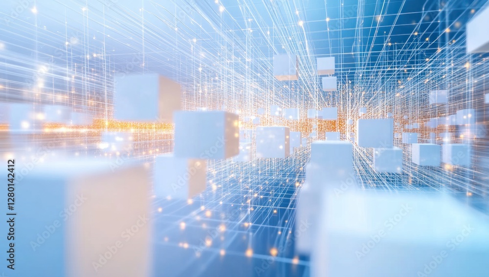 Wall mural abstract digital network with glowing cubes.