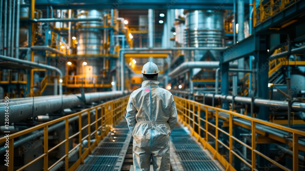 Poster a person in protective gear stands on a walkway in a large industrial facility, examining machinery 