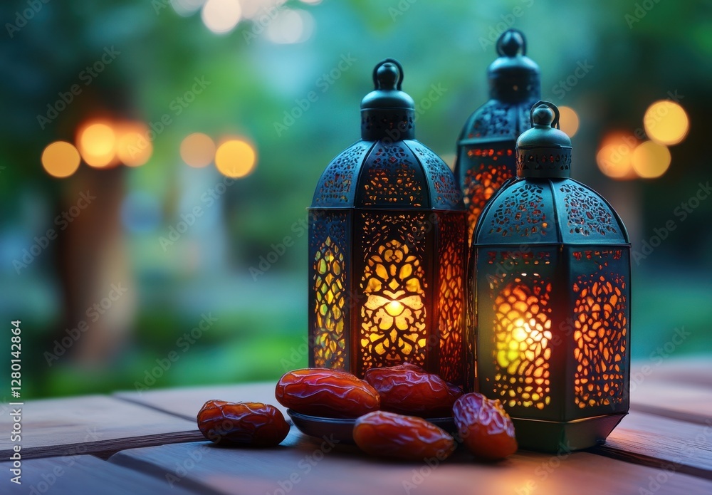 Poster decorative lanterns with intricate patterns glowing softly at dusk alongside fresh dates on a rustic