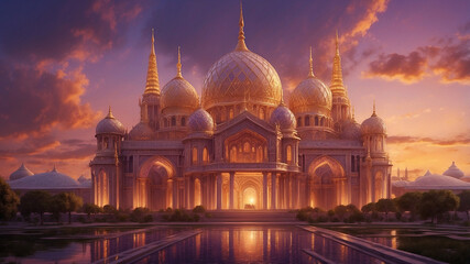 Celestial Palace at Twilight with Vibrant Sunset and Glowing Crystals