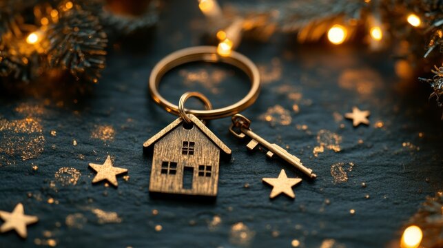 festive golden house keychain and key symbolizing new homeownership with holiday cheer accents