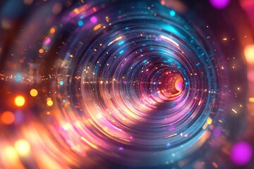 Abstract digital tunnel with swirling light particles and neon colors