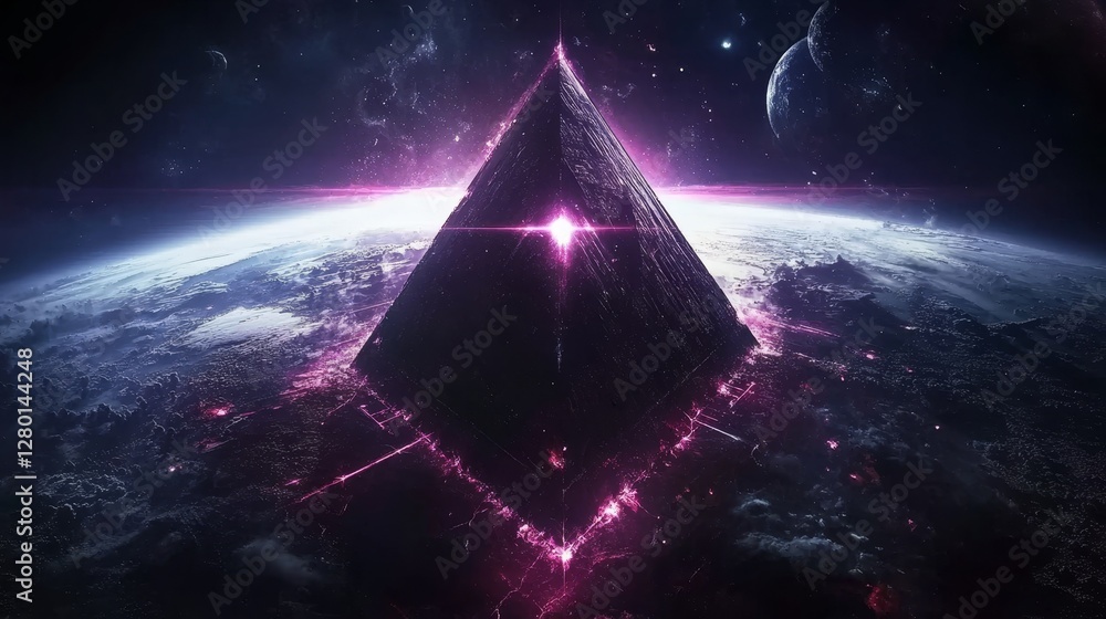 Poster galactic enigma pyramid over world cosmic apex tech structure earth orbit futuristic scifi metaverse