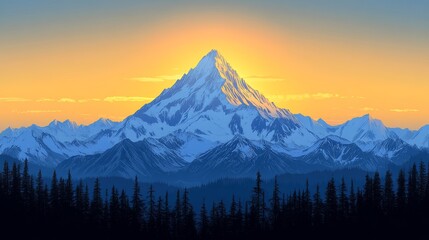 Serene Sunrise Over Snowy Mountain Peak Pixel Art Landscape Captivating Nature Scene and Golden Sky Retro Style Scenic Panorama Adventure