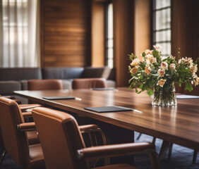 modern conference room featuring large wooden table, elegant leather chairs, and beautiful floral arrangement in glass vase, creating welcoming atmosphere for meetings