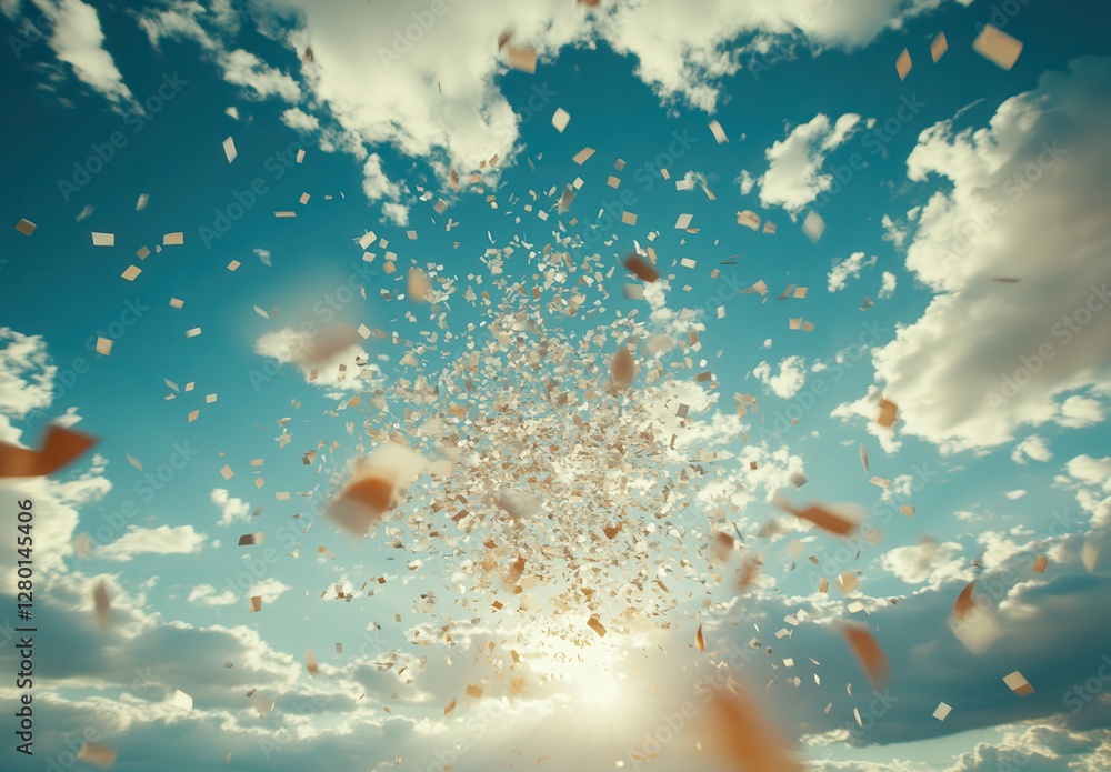 Poster dynamic explosion of paper pages against a bright blue sky with fluffy clouds illuminated by the war