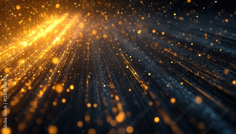 Poster dynamic flow of golden particles in dark space with sparkling light effects creating a stunning visu