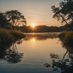 Obraz premium A serene anime-style illustration of a peaceful lake at sunrise, reflecting golden hues on the water’s surface.