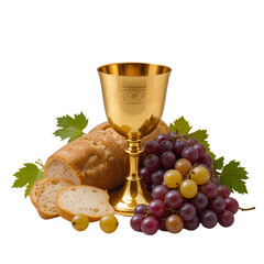 Eucharist: Holy Communion Bread, Wine, Grapes, Chalice isolated on transparent background