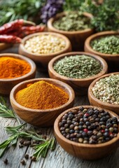 Assorted spices and herbs in wooden bowls on rustic table