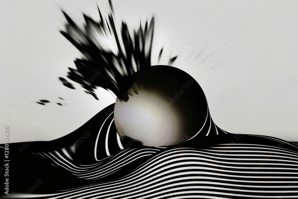 Poster abstract black and white art featuring a sphere crashing into stylized waves, creating an energetic 