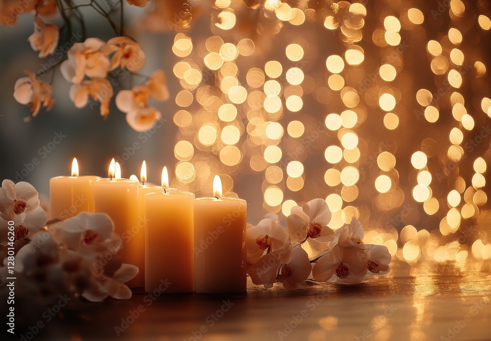 Poster elegant arrangement of lighted candles surrounded by soft orchids and bokeh background creating a se