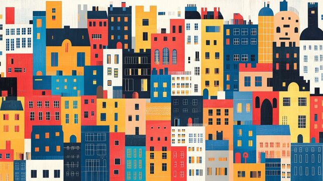 Vibrant urban landscape hand drawn style detailed colorful cityscape architecture illustration of modern buildings and houses