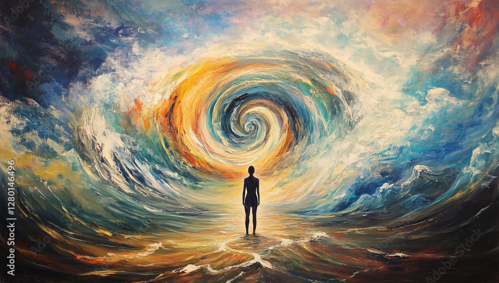 Poster a person standing in the center of an infinite spiral, with swirling colors and patterns representin