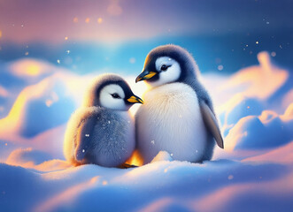 Fototapeta premium Two adorable fluffy penguin chicks are huddled together on snow. A blurry, pastel colored background creates a soft and gentle winter scene.
