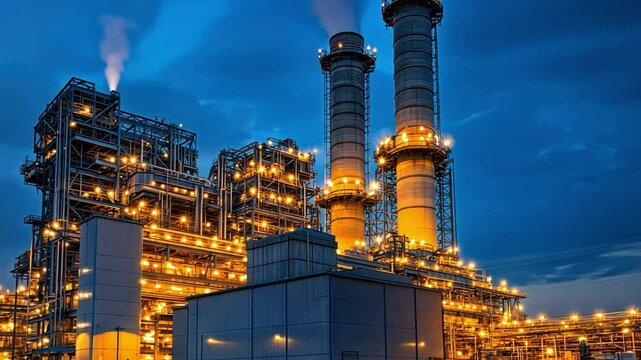 A massive gas turbine power station with glowing lights at dusk, showing the complexity of energy generation.