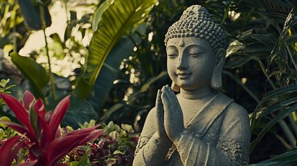 Serene Buddha statue in lush garden, peaceful meditation, tranquility. Use Wellness, spirituality