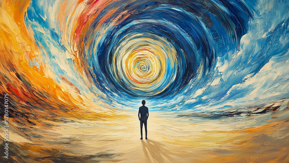 Poster a person standing in the center of an infinite spiral, with swirling colors and patterns representin