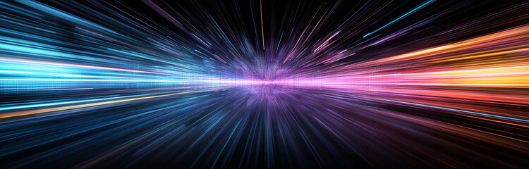 Obraz premium Light speed, hyperspace, space warp background. colorful streaks of light gathering towards the event horizon. Generative AI based. 