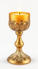 A golden candle holder holds a lit candle, casting a soft, warm glow in the ambiance
