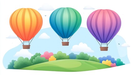 Vibrant hot air balloons floating above a picturesque landscape with colorful foliage and a serene sky perfect for travel poster