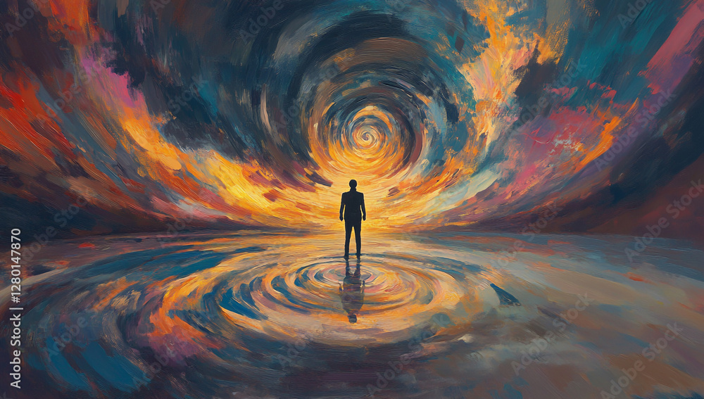 Poster a person standing in the center of an infinite spiral, with swirling colors and patterns representin