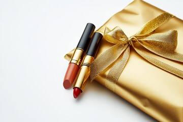 A golden gift bag with a gold ribbon, inside are lipstick and a makeup brush, against a white background