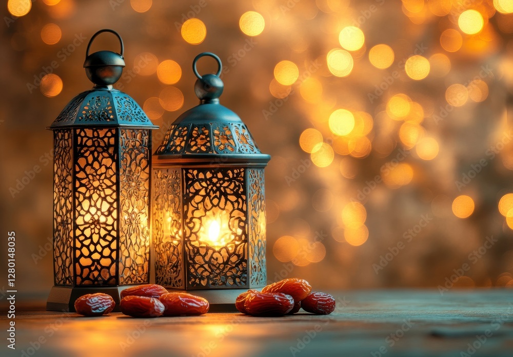 Poster elegant decorative lanterns with intricate designs illuminating a warm ambiance, surrounded by festi