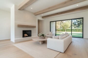 Fototapeta premium Modern minimalist living room with large windows, natural light, and stylish furniture, perfect for bright interior design inspiration and home decor ideas