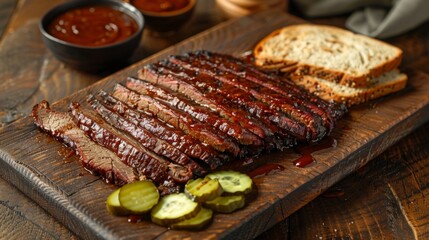 Tender slices of brisket are presented on a wooden board, accompanied by pickles and slices of bread, creating an inviting meal that showcases rich flavors and textures.