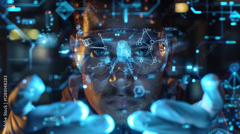 Poster A focused individual wearing protective goggles reaches out to interact with glowing data displays in a high tech laboratory, showcasing advanced technological exploration at night.