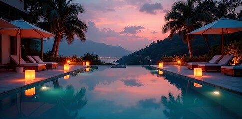 Reflective pool with glowing lanterns at dusk, dusk, lanterns