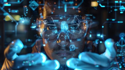 A focused individual wearing protective goggles reaches out to interact with glowing data displays in a high tech laboratory, showcasing advanced technological exploration at night.