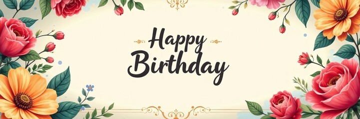 Retro-style birthday card with floral borders and elegant script font, script, typography