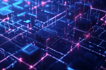 Blockchain network visualization with interconnected blocks and cryptographic chains, showcasing secure and transparent transactions