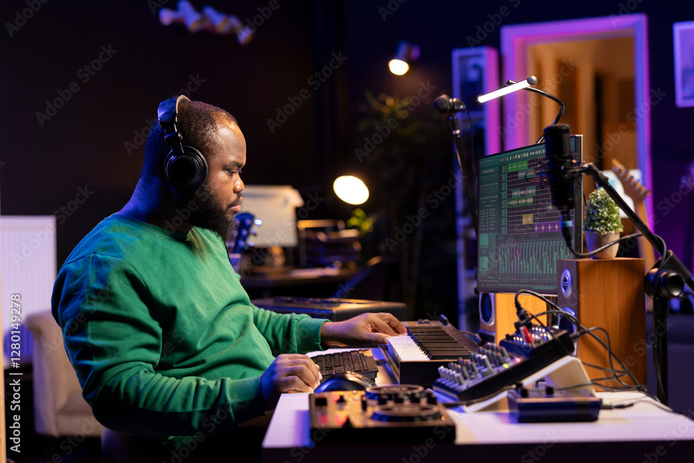 Poster music composer adding tracks as sound effects for a new song, recording sounds on electronic piano s