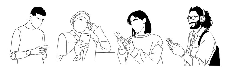 Different People holding, using mobile phones set. Line art Characters with smartphones in hands. Men, women texting, surfing internet, chatting. Vector outline drawing isolated