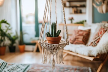 A macrame hanging planter with a small cactus adding greenery to a boho-inspired room.