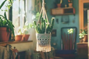 A macrame hanging planter with a small cactus adding greenery to a boho-inspired room.