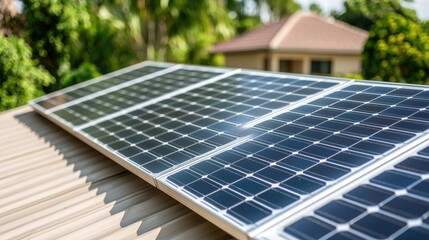 Fototapeta premium Solar panels on roof, tropical home background