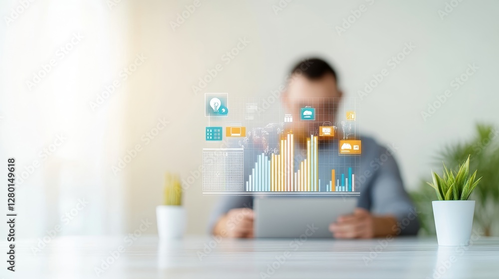 Poster digital data visualization on tablet with businessman in office
